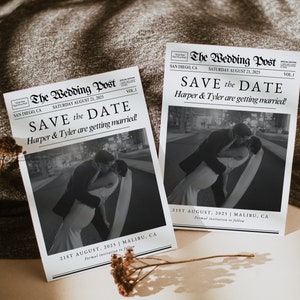 Zeitung Hochzeit Save the Date Vorlage, bearbeitbare minimale Save the Date Foto einladen Karte, druckbare Zeitung Save the Date mit Foto
