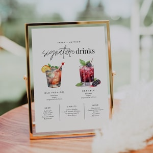 Modello di cartello per cocktail d&#39;autore, menu bar per matrimoni modificabile, menu drink firmato stampabile, cartello per bevande per lui e per lei, cartello per bar per matrimoni