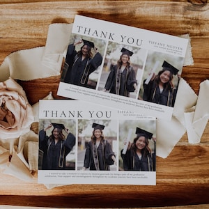 Tarjeta de agradecimiento de graduación minimalista, plantilla de tarjeta de agradecimiento de graduación editable, notas de agradecimiento imprimibles, tarjeta fotográfica de graduación, regalo de graduación