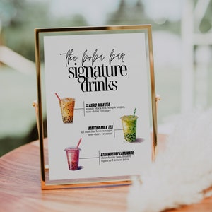 Boba Bar Menü Hochzeitsschild, Signatur Getränkeschild, Milch Tee Bar Menüvorlage, bearbeitbare Bubble Tea Getränkekarte, Hochzeit Bar Tischschild