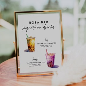 Boba Bar Hochzeitsschild, Signatur-Getränk-Zeichen, Milch-Tee-Bar-Menü-Vorlage, modernes bearbeitbares Bubble Tea-Getränk-Menü, Hochzeits-Bar-Tisch-Menü-Zeichen