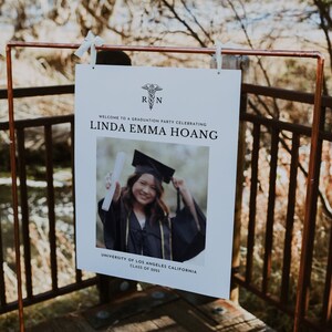 Plantilla de signo de bienvenida de graduación de enfermera moderna RN, signo de bienvenida de graduación de clase de 2023 con foto, decoración de graduación editable