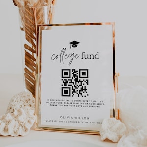 Minimalist College Fund QR Code Sign for 2023 Graduation Party, Modern Venmo QR Code Sign, College High School Grad, Graduation Party Table