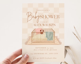 Gender Neutral Baby Shower Invitation Template, Modern Retro Neutral Baby Shower, Simple Minimal, Editable with Canva, Instant Download