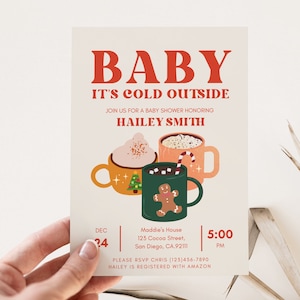Retro Hot Cocoa Baby Shower Invitation Template, Holiday Winter Baby Shower Party Invitation, Editable with Canva, Instant Download