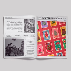Modelo de jornal de selo vintage, jornal de Natal editável, The Christmas Times, ano de fotos de família em revisão, cartão de foto de Natal