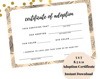 Certificado de adopción de cachorros, Certificación de adopción, Impresión de hojas, Moderno, Signo de certificado de adopción de mascotas, Imprimible, Descarga instantánea