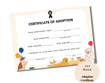 Printable Pet Adoption Certificate Paper, Pet Adoption Party Certificate of Adoption, Printable Pet Certificate, Instant Download