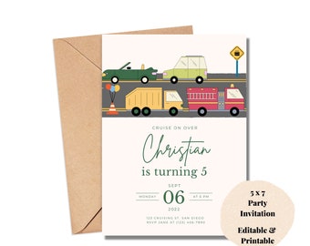 May include: A printable 5x7 party invitation featuring a cartoon illustration of a traffic jam with cars, trucks, and a fire truck. The text reads "Cruise on over Christian is turning 5 Sept 06 2022 at 6 PM 123 Cruising St. San Diego RSVP Jane at (123) 456-7890".