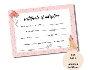 Puppy Adoption Certificate, Adoption Certification, Pink Pet Adoption Certificate Sign, Printable, Instant Download