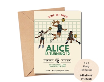Volleyball Birthday Party Editable Invitation Template, Volleyball Theme Party, Editable with Canva, Instant Download, Printable