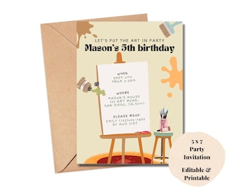 Art Paint Party Invitation Template, Painting Birthday Invitation, Art Theme Kids Birthday Party, Editable with Canva, Instant Download