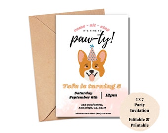 Corgis Geburtstagseinladung, Welpen Einladung, Corgis Geburtstag, Lets Pawty Geburtstag, bearbeitbar mit Canva, bearbeitbar, druckbar