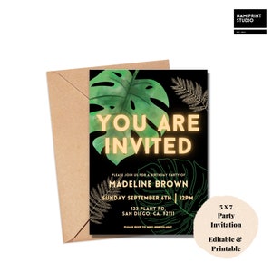 Tropical Birthday Party Editable Invitation Template, Tropical Leaf Party Digital Invitation, Editable with Canva, Instant Download