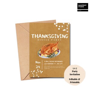 Thanksgiving Dinner Party Invitation Template, Minimal Friendsgiving Dinner Turkey Invitation, Editable with Canva, Instant Download