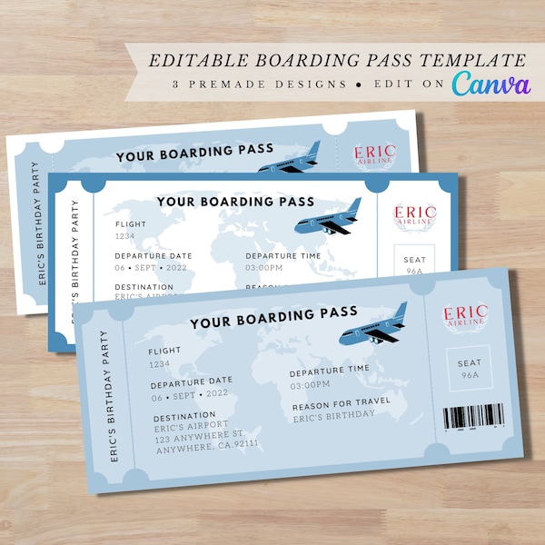 Airplane Boarding Pass Editable Template, Airplane Aviation Theme Birthday Party, Editable with Canva, Instant Download