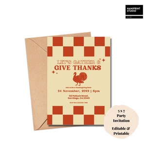 Retro Thanksgiving Potluck Lunch Dinner Party Invitation Template, Friendsgiving Invitation, Editable with Canva, Instant Download