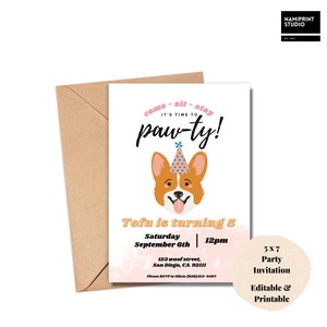 Invitation d’anniversaire Corgi, Invitation chiot, Anniversaire Corgi, Lets Pawty Birthday, Modifiable avec Canva, Modifiable, Imprimable