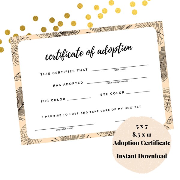 Puppy Adoption Certificate, Adoption Certification, Leaf Print, Modern, Pet Adoption Certificate Sign, Printable, Instant Download