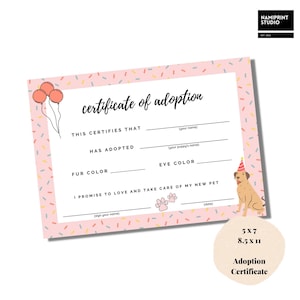 Puppy Adoption Certificate, Adoption Certification, Pink Pet Adoption Certificate Sign, Printable, Instant Download