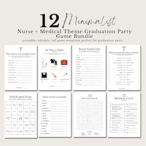 Nurse Graduation Game Bundle, RN BSN Medical School Graduation Party Game Template, Modern Minimalist Nursing School Grad Party Favors
