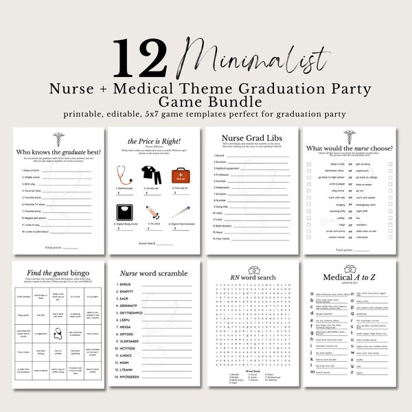 Nurse Graduation Game Bundle, RN BSN Medical School Graduation Party Game Template, Modern Minimalist Nursing School Grad Party Favors