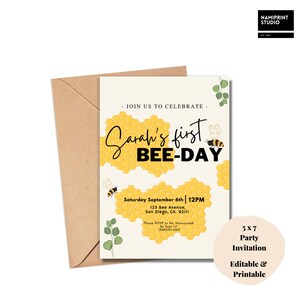 Bumble Bee First Beeday Birthday Party Editable Invitation Template, Honey Bee Party Invitation, Editable with Canva, Instant Download