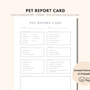 Boleta de calificaciones de mascotas imprimible para alojamiento de perros y cuidado de mascotas, boleta de calificaciones de cuidado de perros, descarga instantánea