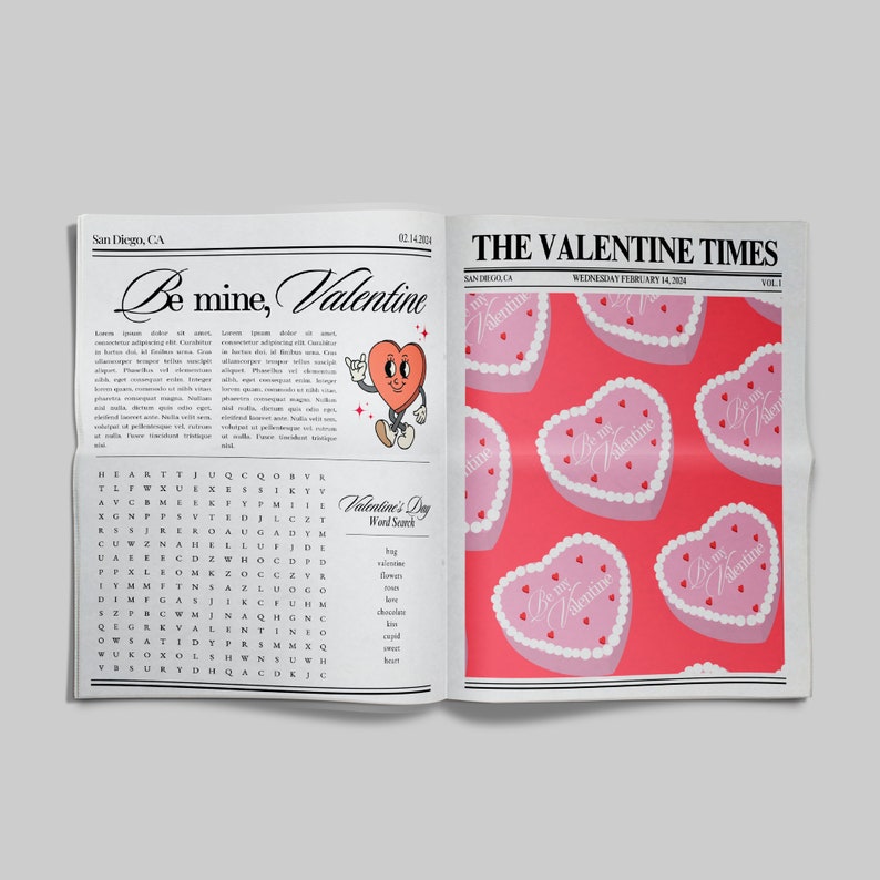 May include: A vintage newspaper with a Valentine's Day theme. The front page features a red heart with a smiling face and the text "Be mine, Valentine". The back page has a pink and white heart pattern with the text "The Valentine Times".