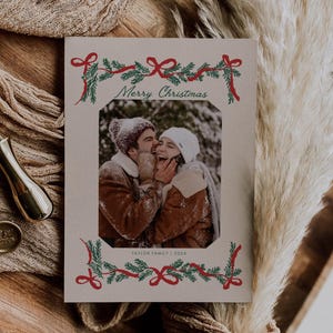 Ribbon Garland Christmas Card Template, Editable Minimalist Bow Holiday Family Photos, Family Photo Christmas Card, Family Holiday Card