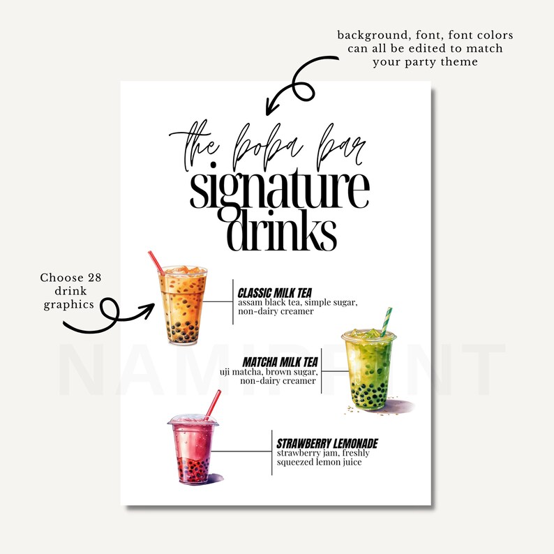 Boba Bar Menu Wedding Sign Signature Drink Sign Milk Tea Bar Etsy