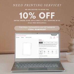 May include: A laptop computer displaying the Prints of Love website with a 10% off discount code for orders over $49. The website offers free 2-3 day shipping in the US and free envelopes. The discount code is NAMIPRINT.