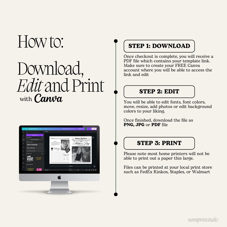 Puede incluir: C&oacute;mo descargar, editar e imprimir un dise&ntilde;o imprimible usando Canva. Los pasos son: descargar, editar e imprimir. La imagen muestra una pantalla de computadora con un dise&ntilde;o de Canva abierto. El dise&ntilde;o es una tarjeta del D&iacute;a de la Madre con una foto de una mujer y el texto "D&iacute;a de la Madre".