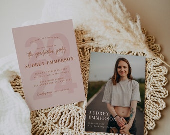 Modern Pink Class of 2023 Graduation Announcement Card, Graduation Party Invitation Template, Editable Graduation Ceremony Card with Photos