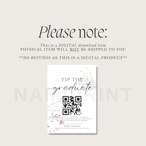May include: A printable digital card with a floral design and a QR code. The text on the card reads "Tip the graduate" and includes the name Avery Jackson and the University of San Diego. The card also includes the text "If you wish to contribute to Avery's college fund, please scan the QR code above. Thank you for your love and support."