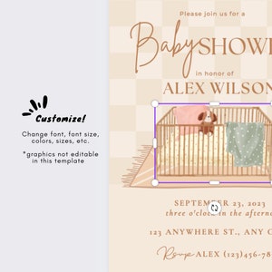 May include: A baby shower invitation with a brown and white checkered background. The invitation features a cartoon crib with a pink pillow, a brown and white dog toy, and a green and white blanket. The text "Baby Shower" is written in brown cursive font. The text "in honor of ALEX WILSON" is written in brown block letters. The date "SEPTEMBER 23, 2023" is written in brown block letters. The time "three o'clock in the afternoon" is written in brown block letters. The address "123 ANYWHERE ST., ANY CITY, STATE, ZIP" is written in brown block letters. The RSVP information "RSVP ALEX (123)456-7890" is written in brown cursive font.