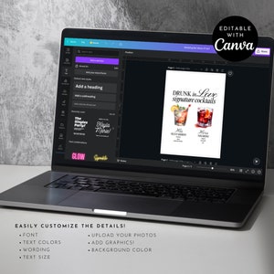 May include: Editable wedding bar menu template on a laptop screen. The menu is titled "Drunk in Love Signature Cocktails" and features two cocktails, "His Old Fashion" and "Hers Negroni".