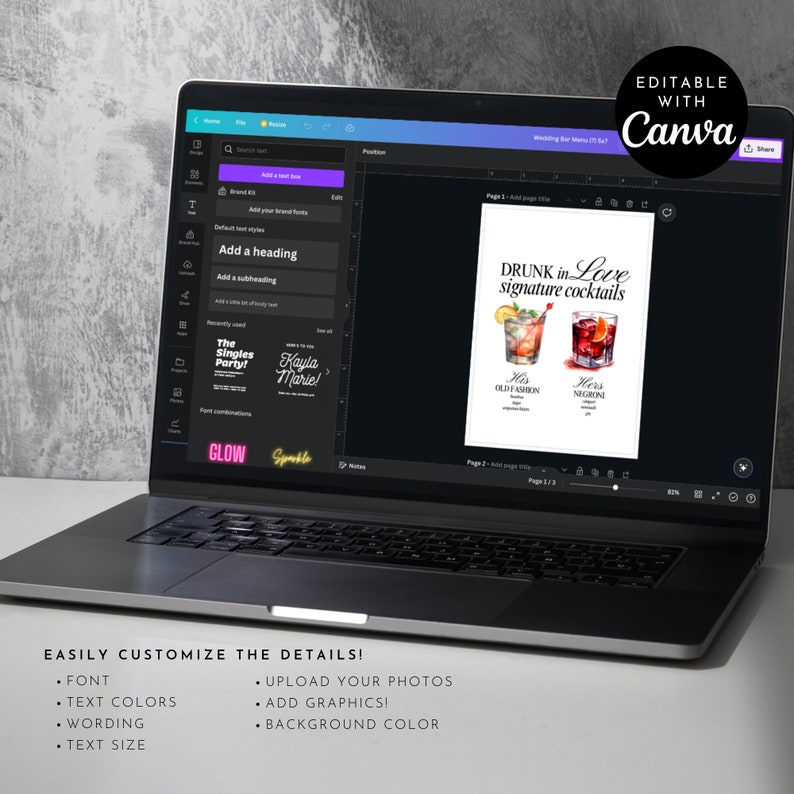 May include: Editable wedding bar menu template on a laptop screen. The menu is titled "Drunk in Love Signature Cocktails" and features two cocktails, "His Old Fashion" and "Hers Negroni".