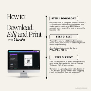 May include: A step-by-step guide on how to download, edit, and print a printable template using Canva. The image shows a computer screen displaying a printable template for a graduation party. The text on the screen reads "Tip the Graduate".