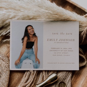 Boho Minimalist Save the Date Graduation Ceremony Invitation Card, Editable Graduation Announcement Template, Graduate Photo Card