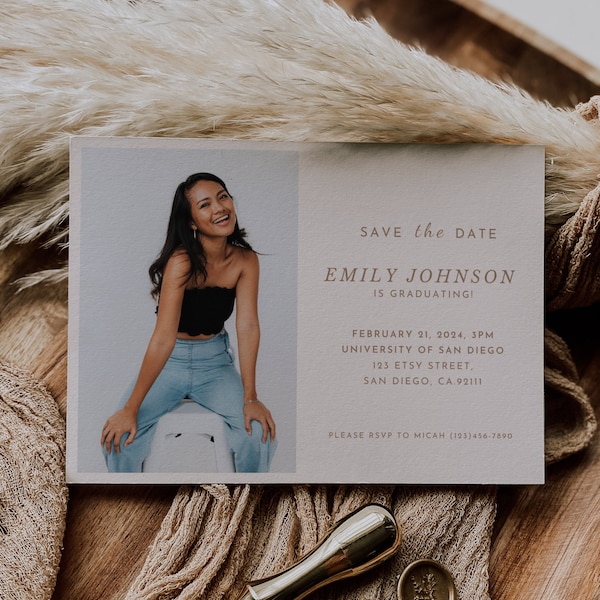 Boho Minimalist Save the Date Graduation Ceremony Invitation Card, Editable Graduation Announcement Template, Graduate Photo Card