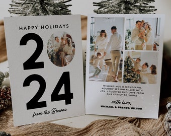Moderne minimalistische foto-kerstkaartsjabloon, bewerkbare kerstkaart met foto, afdrukbare familiekerstkaart, vakantiewenskaart
