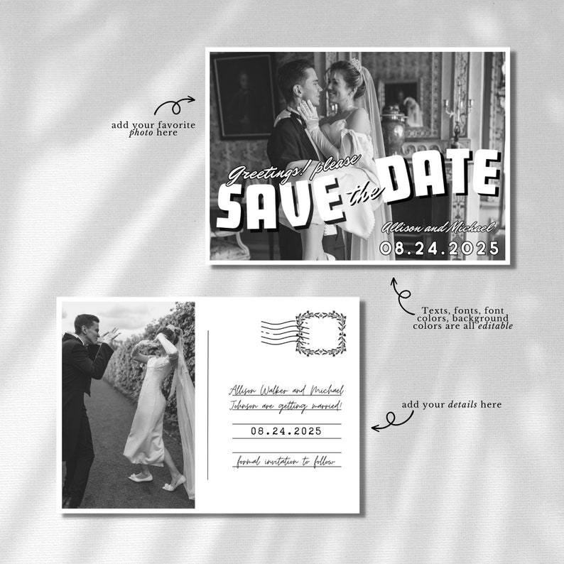 Carte postale vintage inspirée Enregistrer la date Modèle, Photo rétro modifiable Enregistrer la date, Carte photo imprimable Enregistrer la date, Salutations vintage image 7