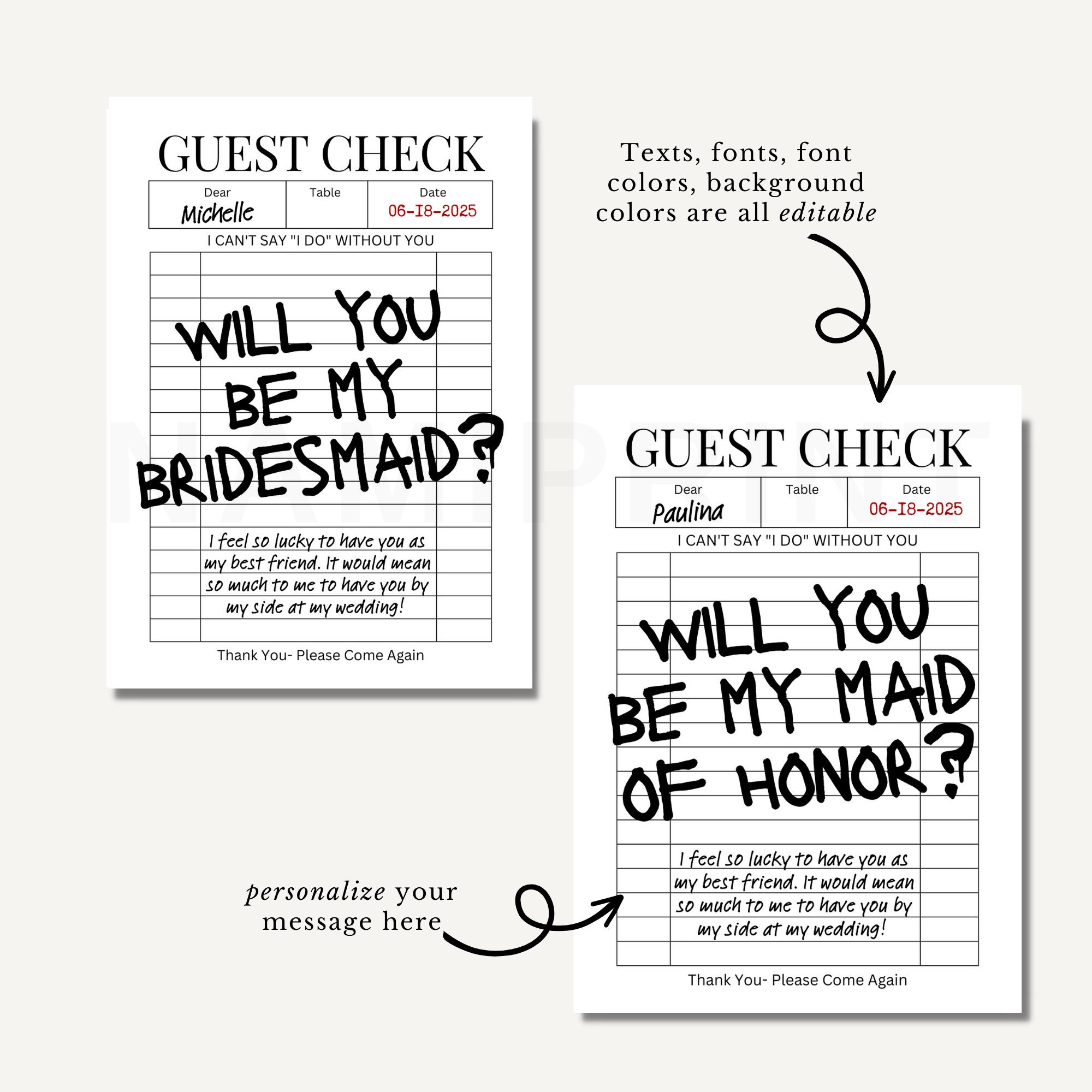Guest Check Bridesmaid Proposal Template Trendy Guest Check Etsy
