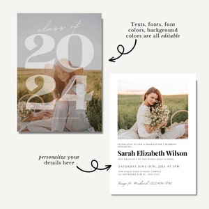 Modern Minimalist Class of 2024 Graduation Announcement Card, Editable Grad Photo Invitation Template, Printable Senior Announcement Card image 7