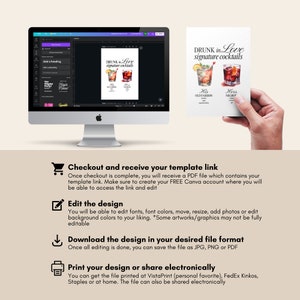 May include: A digital design template for a wedding or party invitation. The template features a watercolor illustration of two cocktails, one labeled "His Old Fashioned" and the other labeled "Hers Negroni". The text "DRUNK in Love signature cocktails" is at the top of the design.