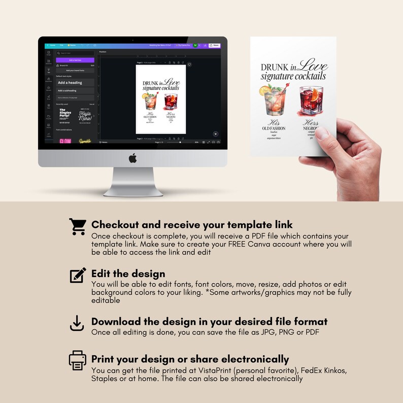 May include: A digital design template for a wedding or party invitation. The template features a watercolor illustration of two cocktails, one labeled "His Old Fashioned" and the other labeled "Hers Negroni". The text "DRUNK in Love signature cocktails" is at the top of the design.