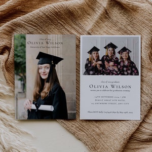 Elegante moderne Einladungskartenvorlage für die Abschlusszeremonie, Klasse von 2023-Graduiertenfotokarte, bearbeitbare Abschlussanzeigekarte