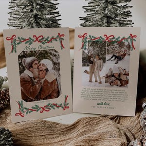 Ribbon Garland Christmas Card Template, Editable Minimalist Bow Holiday Family Photos, Family Photo Christmas Card, Family Holiday Card