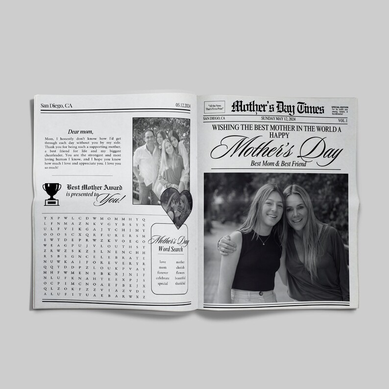 Puede incluir: Un peri&oacute;dico en blanco y negro con el titular "Mother's Day Times" y el texto "Wishing the best mother in the world a happy Mother's Day". El peri&oacute;dico presenta un crucigrama y una foto de dos mujeres.